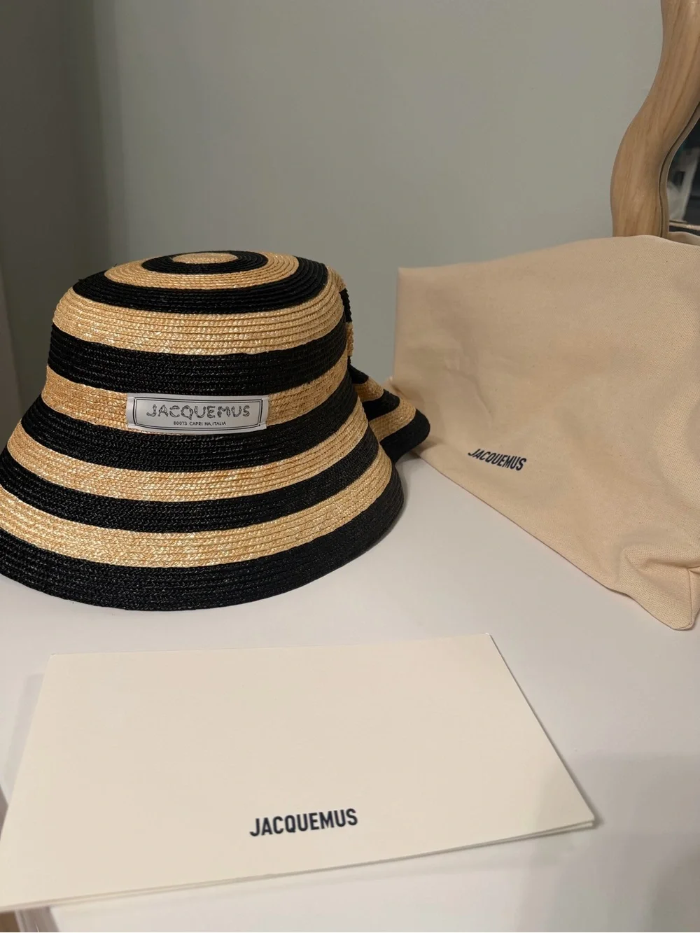 Jacquemus Black and Natural Striped Bucket Hat with Label
